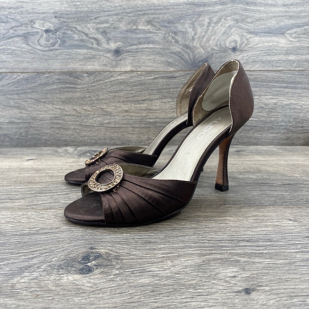 Aldo Chocolate Brown Satin D'Orsay Peep-Toe Heels with Decorative Buckle